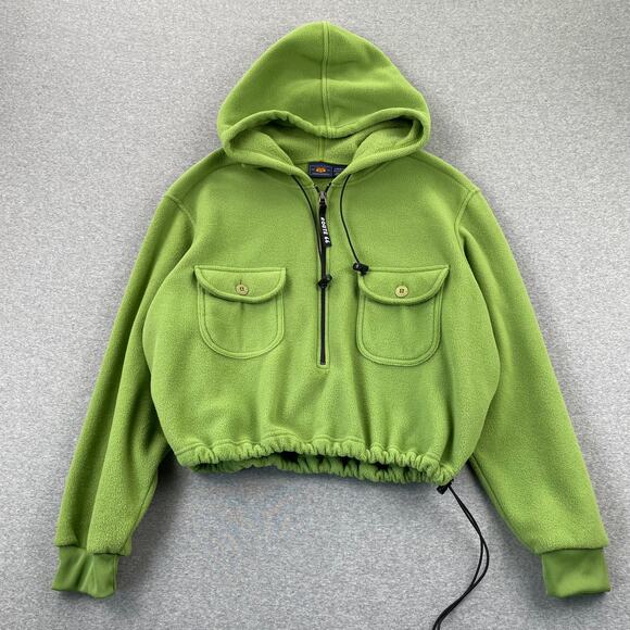 Y2K Route 66 Fleece Sweatshirt Womens L Lime Green Cropped Hoodie 1/2 Zip Retro - Picture 15 of 16